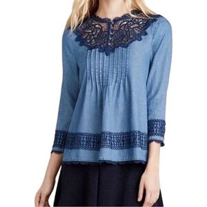 Anthropologie Holding Horses Chambray Lace Peasant Top